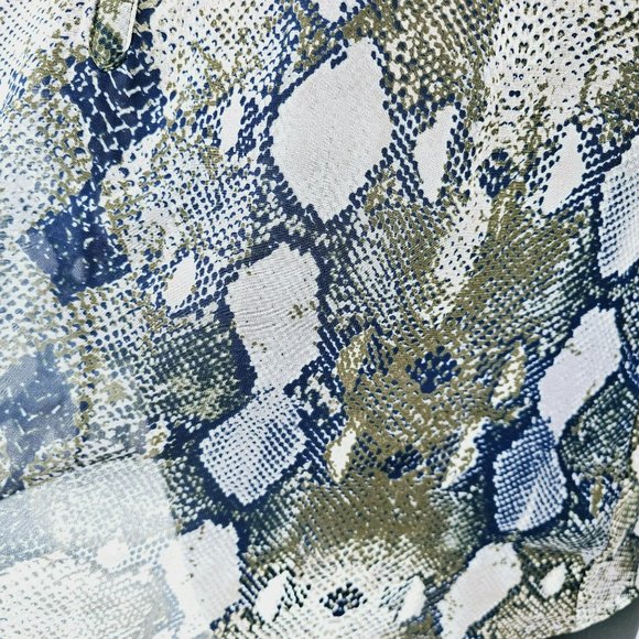 ANA A New Approach Popover Blouse L Blue Green Snake Print Semi Sheer Tab Sleeve - Picture 11 of 13